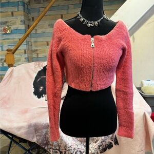 Cropped Fuzzy Zip-Up Sweater - Coral Pink